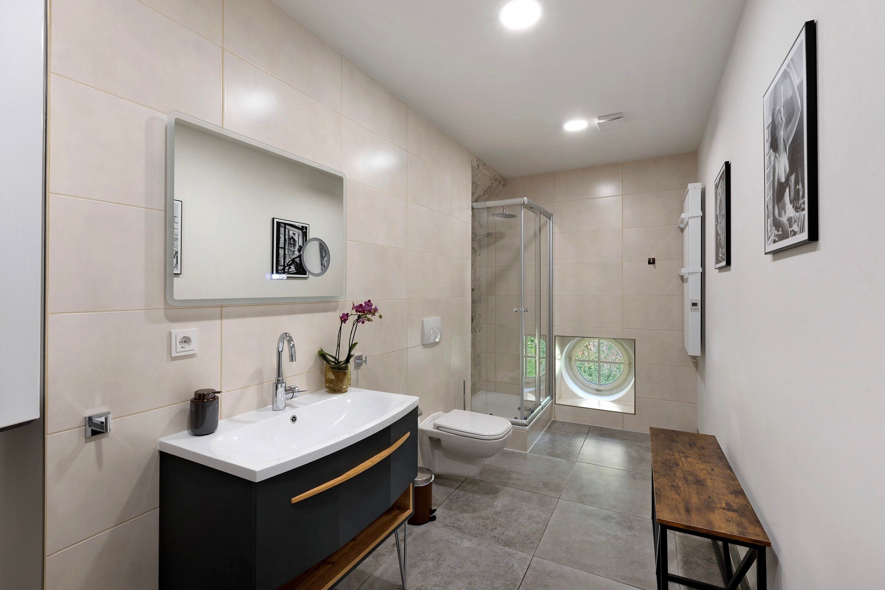 Shower, hair dryer, towels