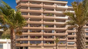 Un immeuble à plusieurs étages, doté de balcons, de palmiers et d’un mur en pierre.