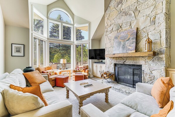 TV, fireplace, books
