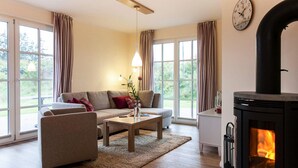 A modern living room with a sofa, coffee table, and a fireplace. - Ferienhaus, Fuhlendorf (Fuhlendorf)