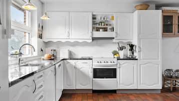 Fridge, stovetop, dishwasher, coffee/tea maker