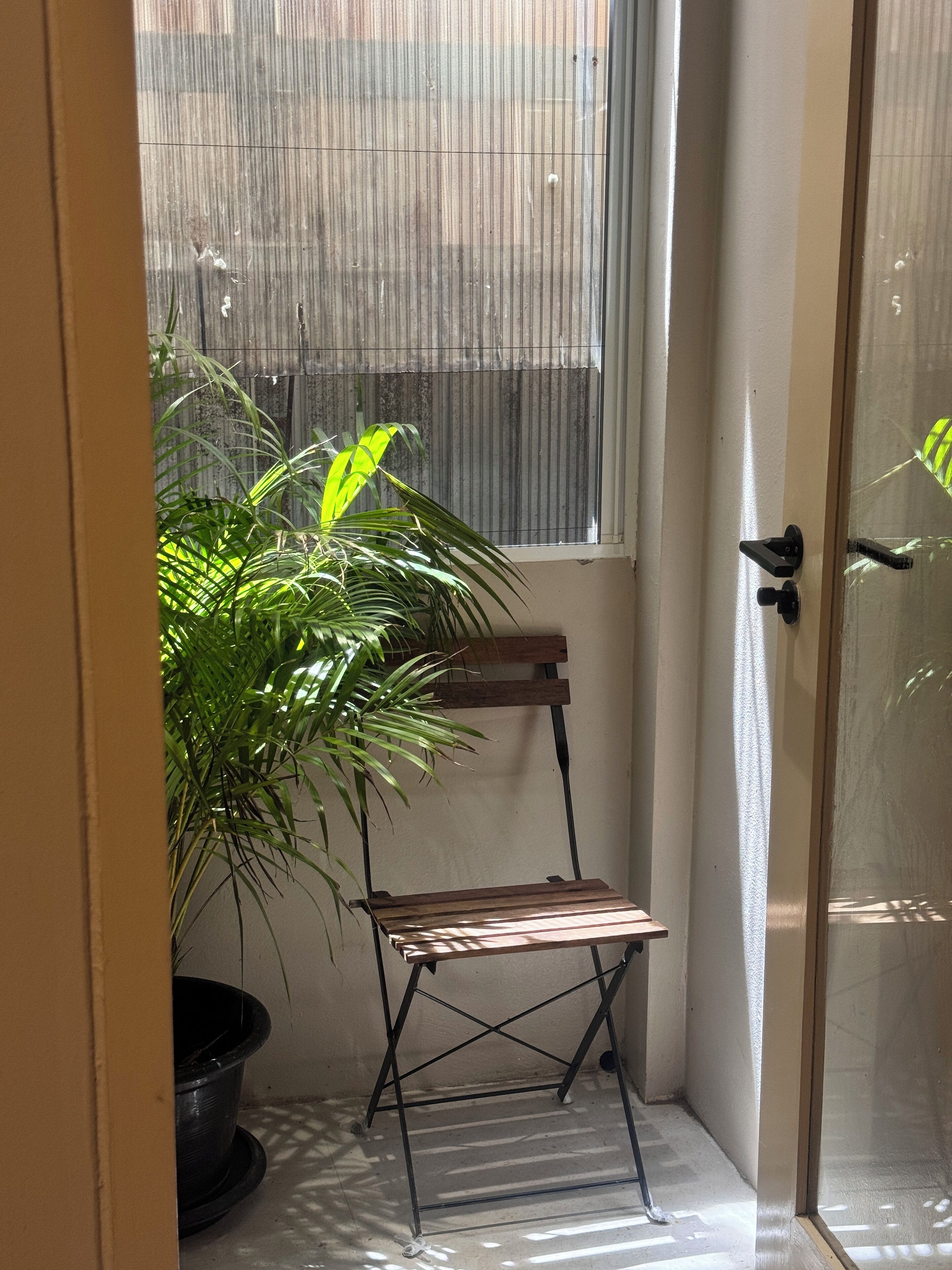 A small, enclosed space with a wooden bench, a potted plant, and a window with blinds.