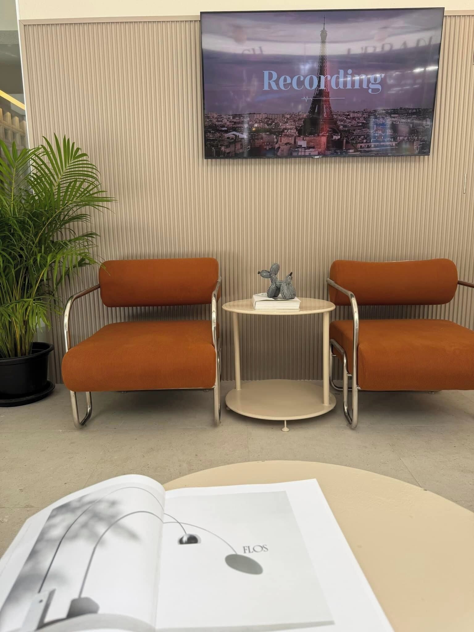 Ein Zimmer mit zwei orangenen Stühlen, einem kleinen runden Tisch, einer Topfpflanze und einem gerahmten Bild an der Wand.