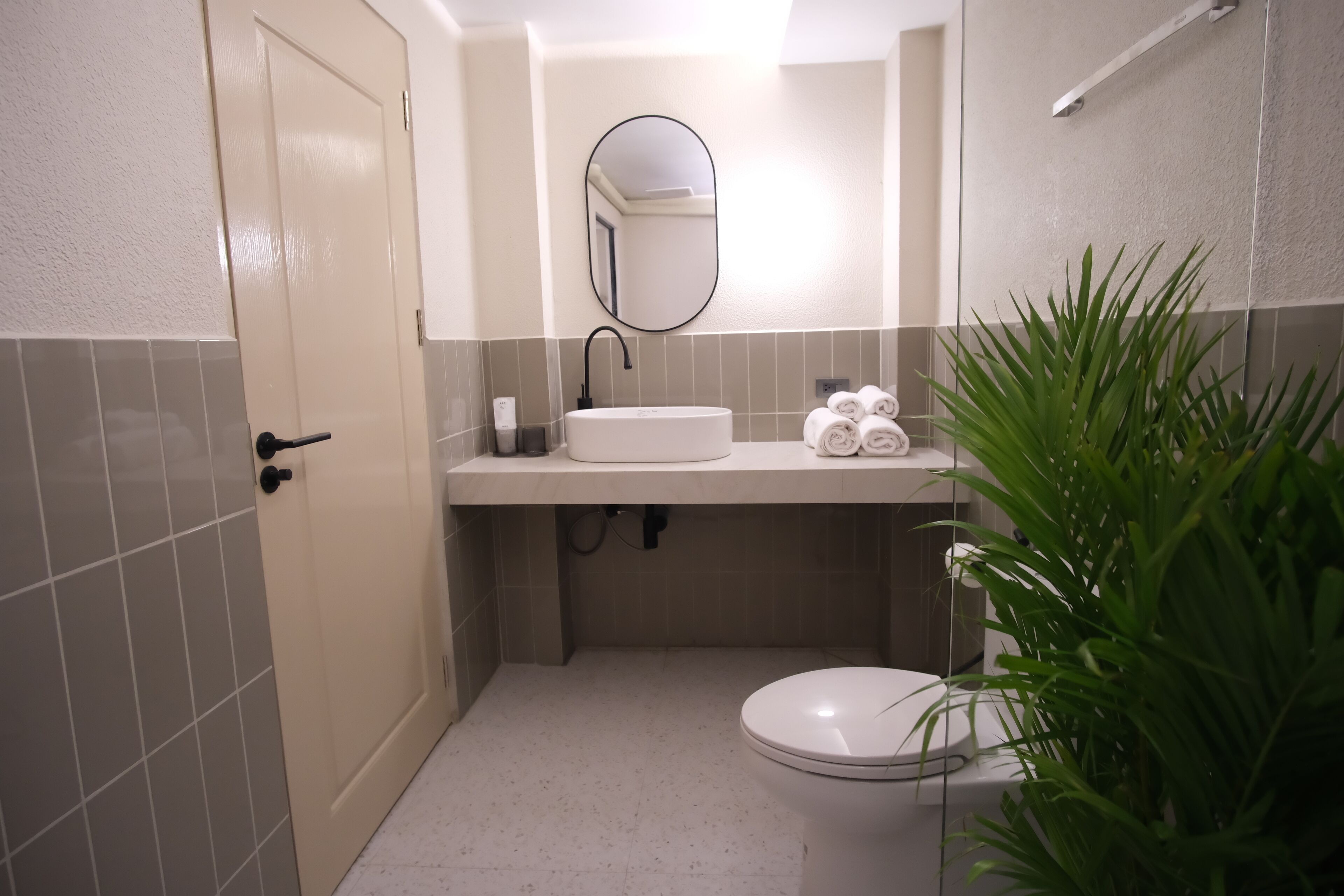 Une salle de bain équipée d’un WC, d’un lavabo, d’un miroir, d’un porte-serviettes et d’une plante en pot.