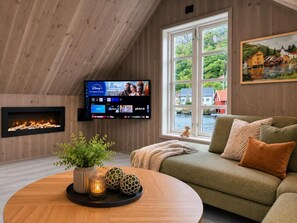 Stue med peis, smart TV og en fantastisk utsikt over den unike Fedaelven
