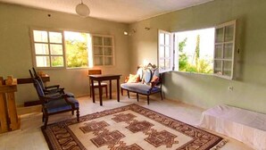 A room with a sofa, a table, two chairs, a rug, and two windows. - Villa Phyllia, a Property With History (Heraklion)