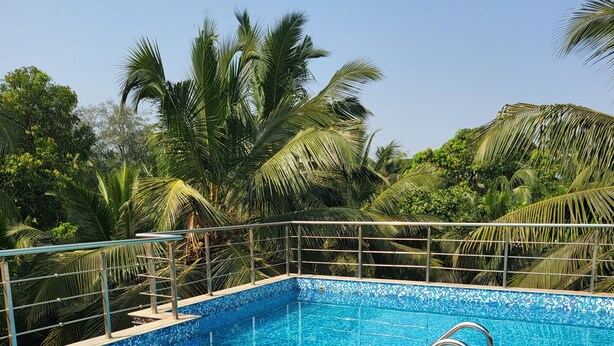 A clear blue pool with a tiled edge, surrounded by palm trees and a metal railing. - Big House Inn  (Calangute)