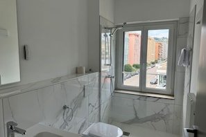 Shower, hair dryer, bidet, soap
