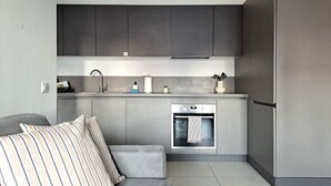 A modern kitchen with grey cabinets, a stainless steel oven, and a grey sofa with striped cushions. - Cosy bilo close to the centre (Urban 9) (Lugano)