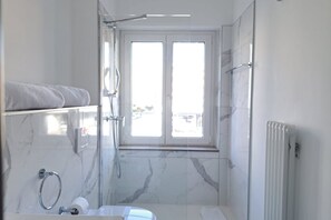 Shower, hair dryer, bidet, towels