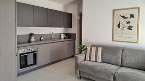 A modern kitchen with grey cabinets, a built-in oven, and a sink. There is a grey sofa with a cushion and a framed picture on the wall. - Cosy bilo close to the centre (Urban 4) (Lugano)
