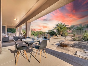 Outdoor dining - Massive Golf Course Home with Pool, Spa, Game Room, Yoga Room! Stay a While (Maricopa)
