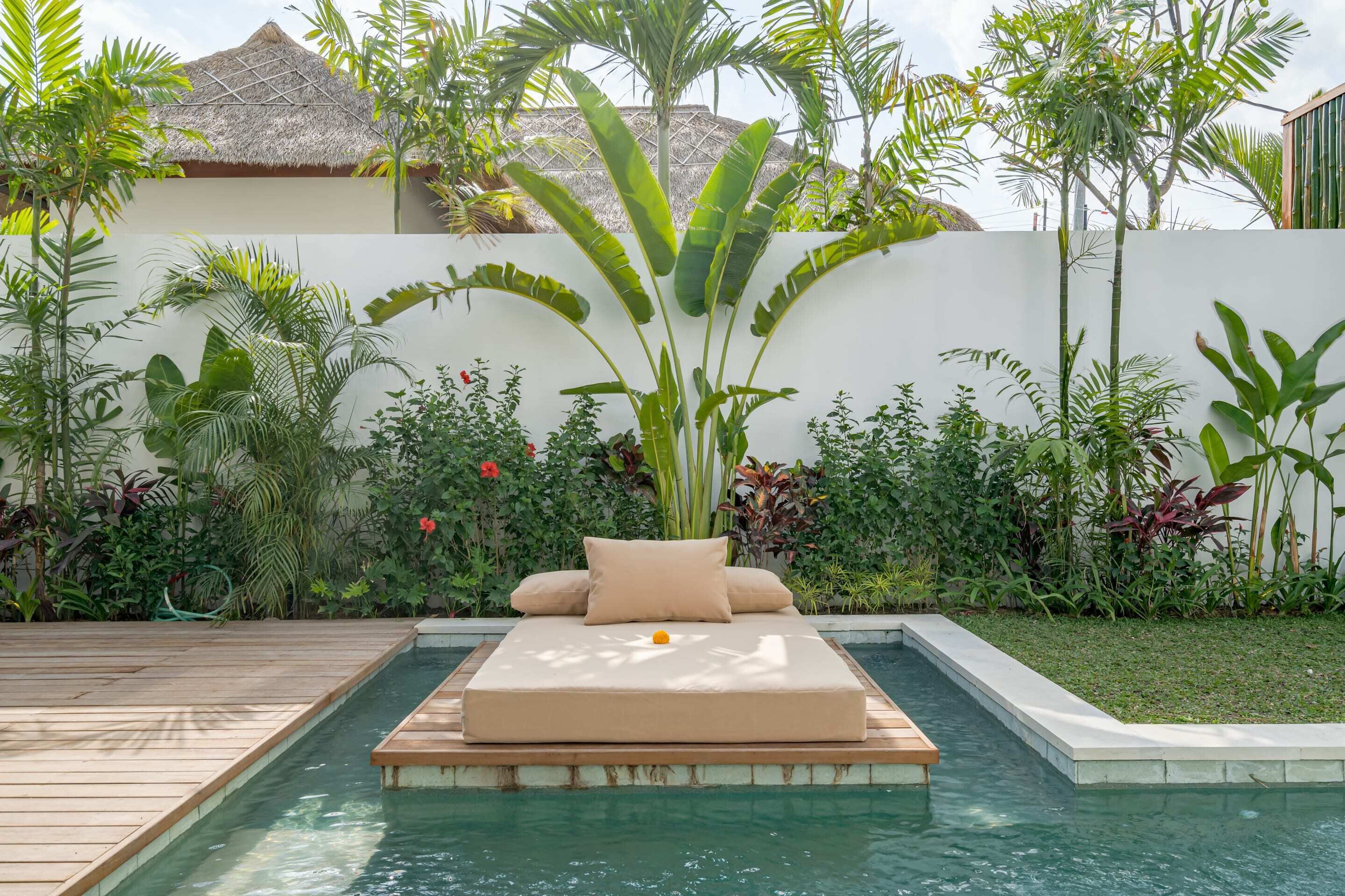 Un lit avec un matelas posé sur une plateforme en bois, au-dessus d’une piscine, entouré d’une végétation tropicale luxuriante et d’un mur blanc.