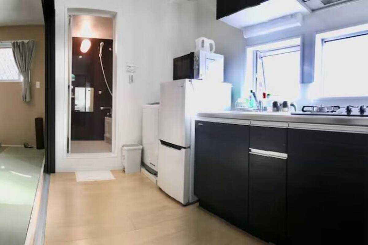 A compact living space with a kitchenette, a dining area, and a shower.