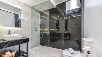 Shower, hair dryer, towels, shampoo