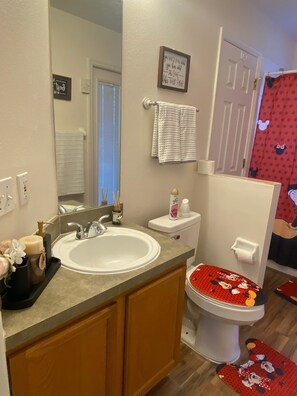 Hair dryer, towels, soap, shampoo