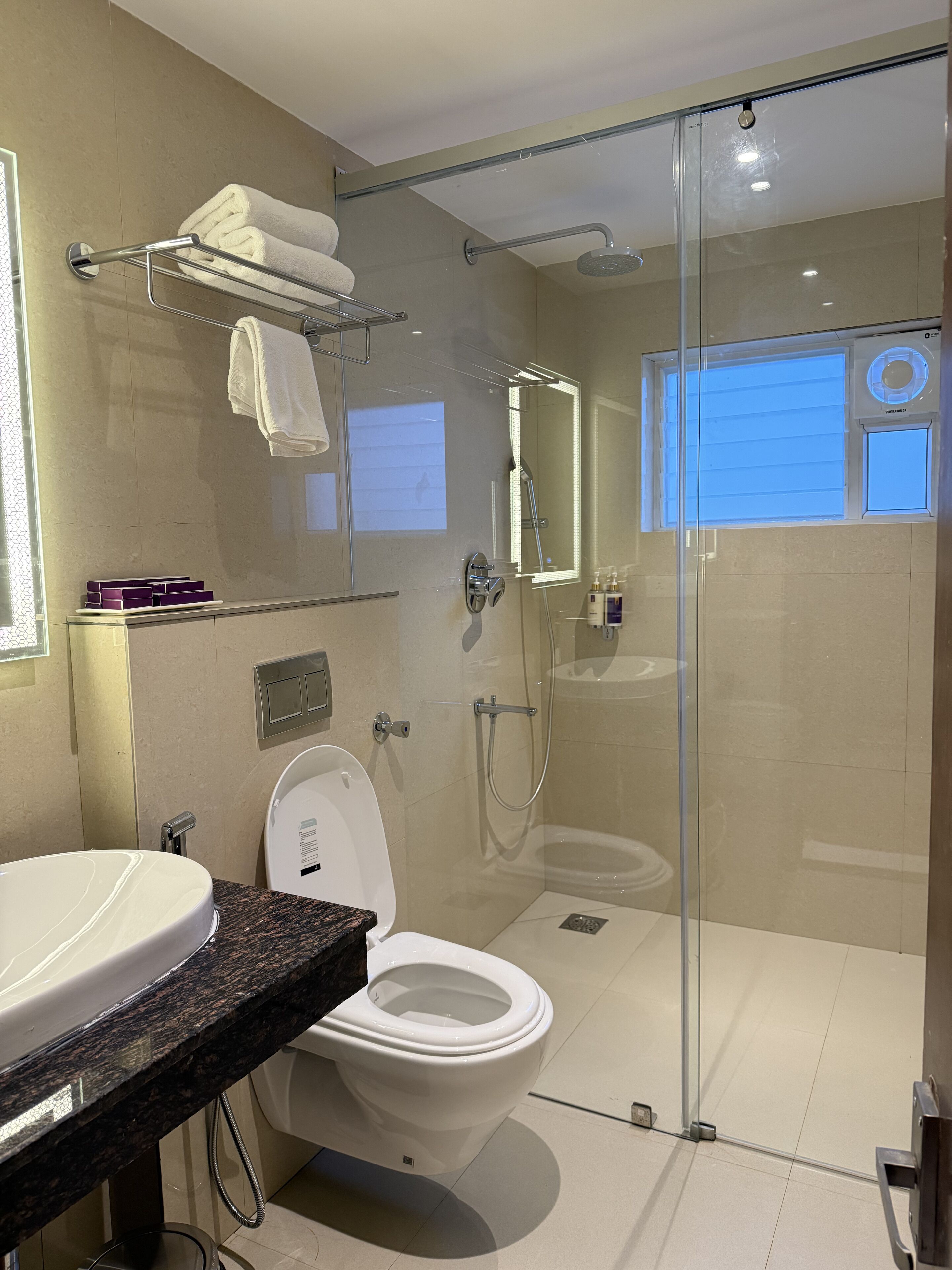 A modern bathroom with a glass-enclosed shower, a white toilet, and a granite countertop.