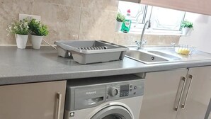 Cocina compacta con lavadora integrada, un lavabo y una pequeña encimera con plantas en macetas.