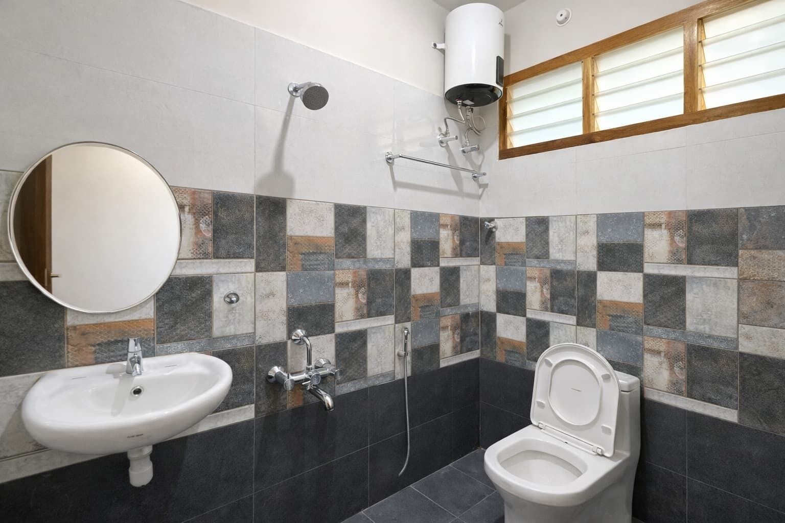 Shower, rainfall showerhead, hair dryer, towels