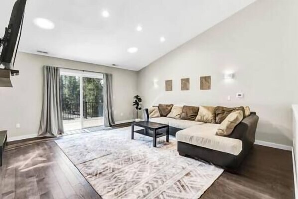 Télévision, cheminée, lecteur de DVD, table de tennis de table