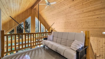 Smart TV, fireplace, foosball