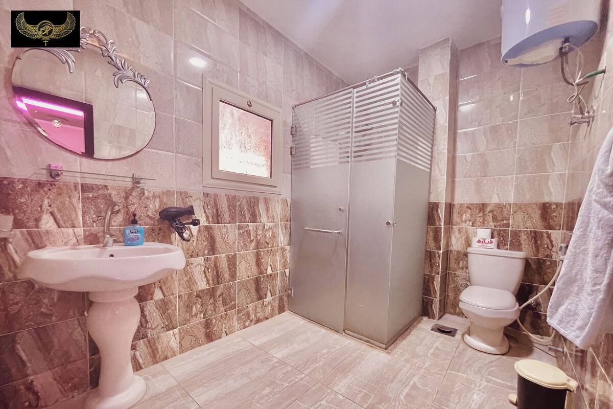 A bathroom with a pedestal sink, a mirror, a shower enclosure, and a toilet.