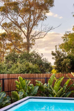 A swimming pool surrounded by lush greenery and a large tree. - Galene Getaway Walk to Beach Pool Fire (Mount Martha)