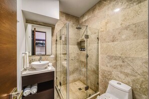 Hair dryer, towels, soap, shampoo