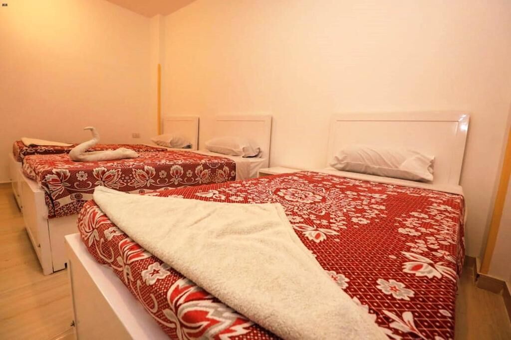 Una habitación de hotel con dos camas, cada una con una colcha floral roja y almohadas blancas.