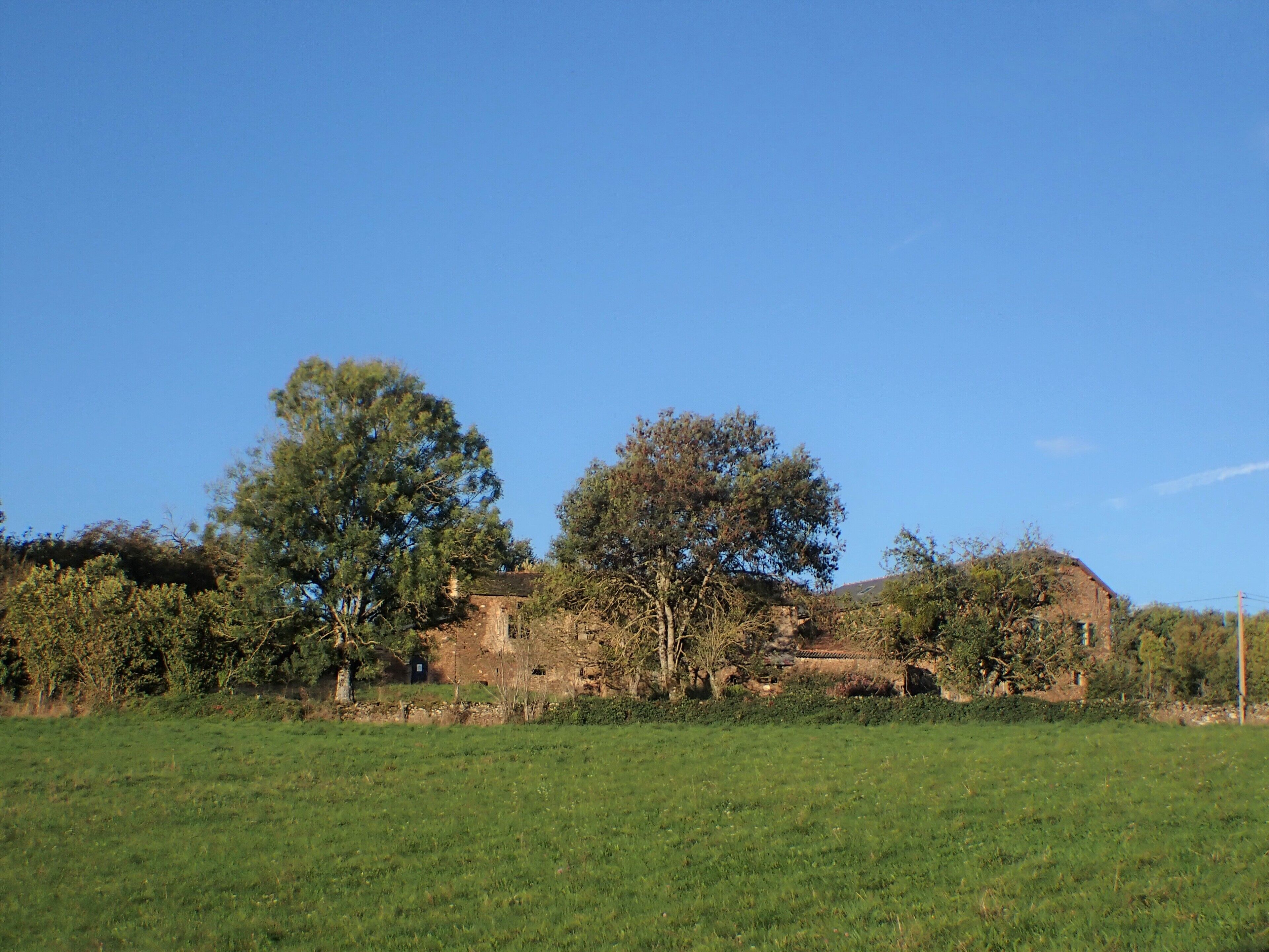 A rural landscape with a large field in the foreground and a rustic building with a tiled roof in the background.