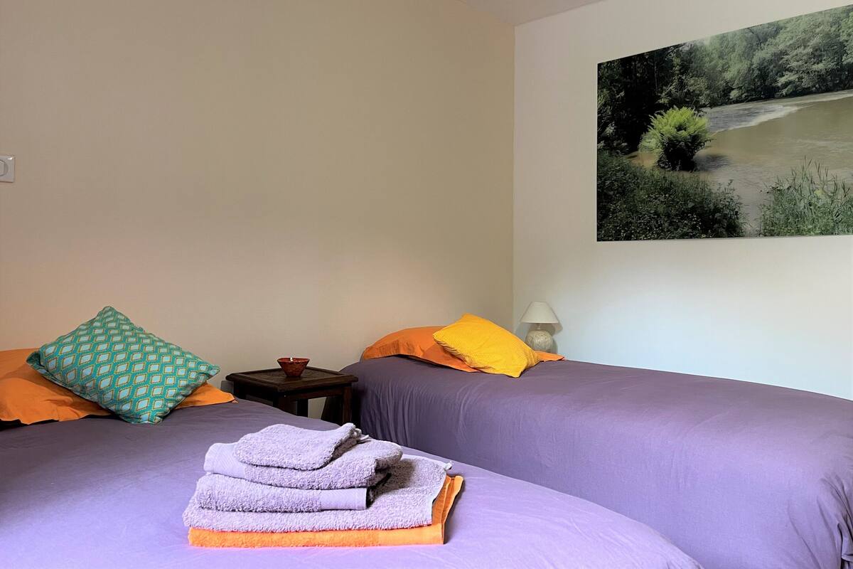 Une chambre avec deux lits, une table de chevet, une lampe et un tableau représentant un paysage fluvial.