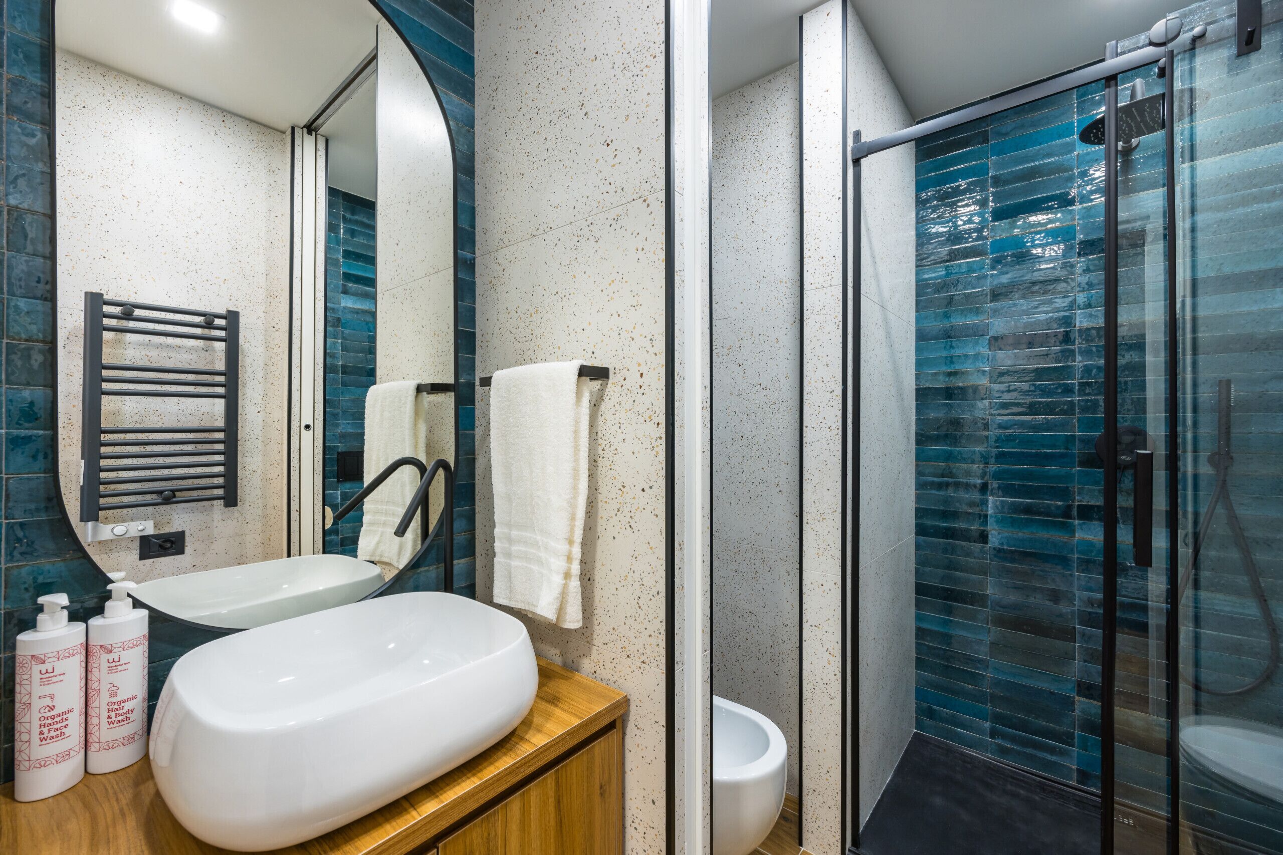 Dusche, Haartrockner, Handtücher, Seife