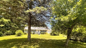 Une maison avec une pelouse devant, entourée d’arbres et d’arbustes.