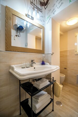 Douche, sĂšche-cheveux, bidet, serviettes fournies