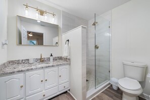 A modern bathroom with a marble countertop, a large mirror, a glass shower enclosure, and a white toilet. - Sportsplex.PetFriendly.OWA.GasGrill.Foosball.FullyFencedYard (Foley)
