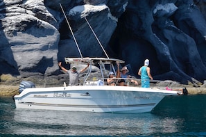 A boat named 'Wellcraft' with a cabin and a motor, docked near rocky cliffs. - BAJA MIA SUITES AND TOURS (Loreto)