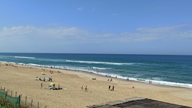 Ein Strand mit Menschen, Sonnenschirmen und einem Zaun.