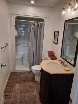 Un baño con ducha, inodoro, lavabo y espejo.