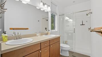 Chuveiro, secador de cabelo, toalhas de banho, shampoo