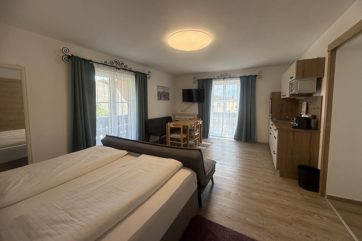 Habitación de hotel con cama, escritorio, silla, televisión y kitchenette.