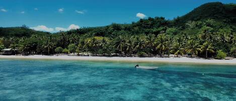 A beach with clear turquoise water, a boat, and a line of palm trees on the shore.
