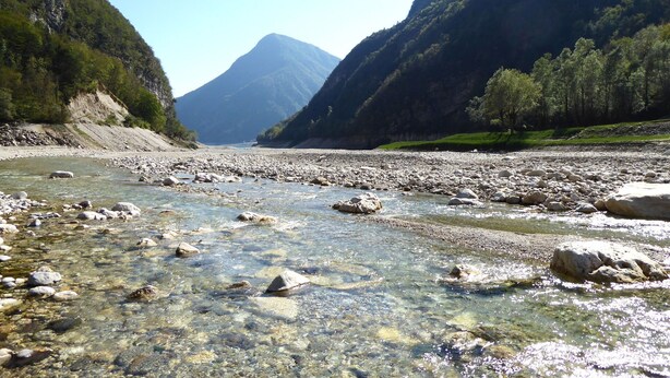 A clear river with rocks, surrounded by forested hills.