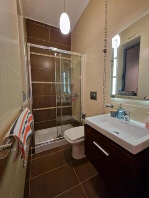 Douche, baignoire à jets, serviettes fournies, savon