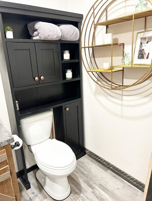 Hair dryer, towels, soap, shampoo