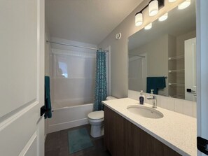 Hair dryer, towels, soap, toilet paper