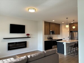 Smart TV, chimenea, reproductor de DVD, libros