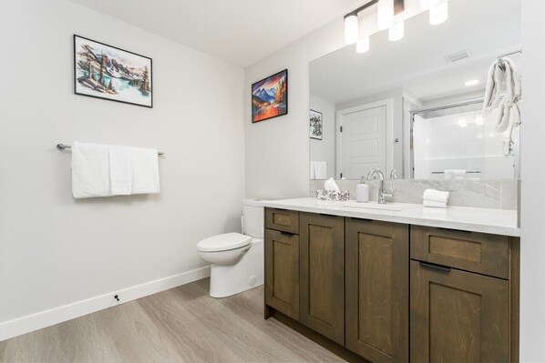 A modern bathroom with a white toilet, wooden cabinets, a large mirror, and two framed artworks on the wall.