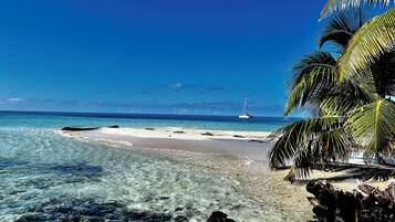 A beach with clear turquoise water, a sandy shore, and a sailboat in the distance.