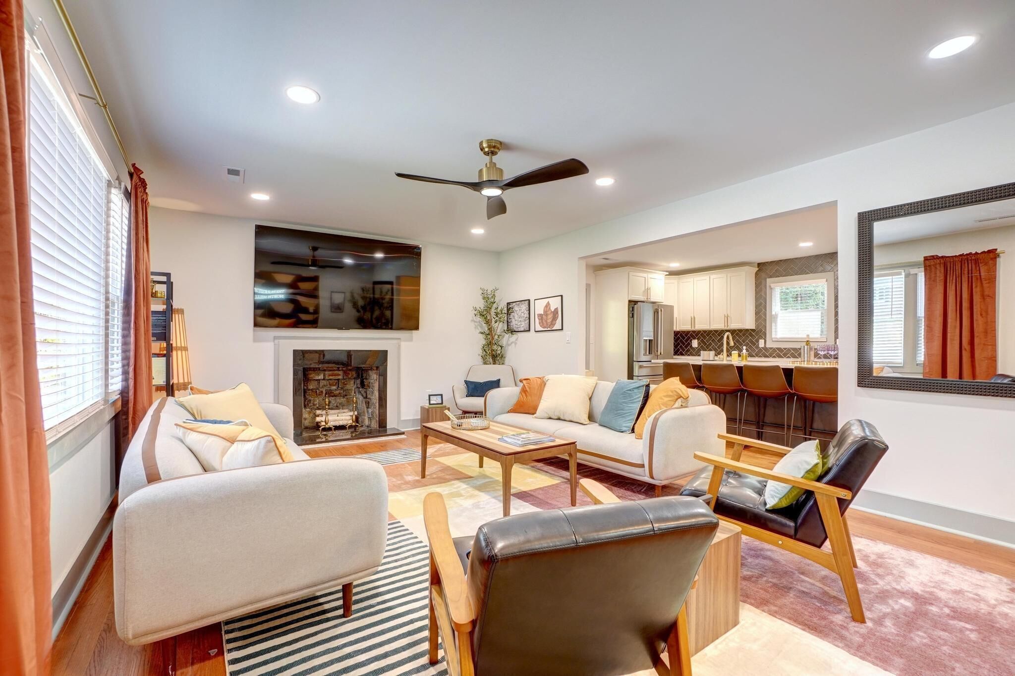 Smart TV, fireplace, books