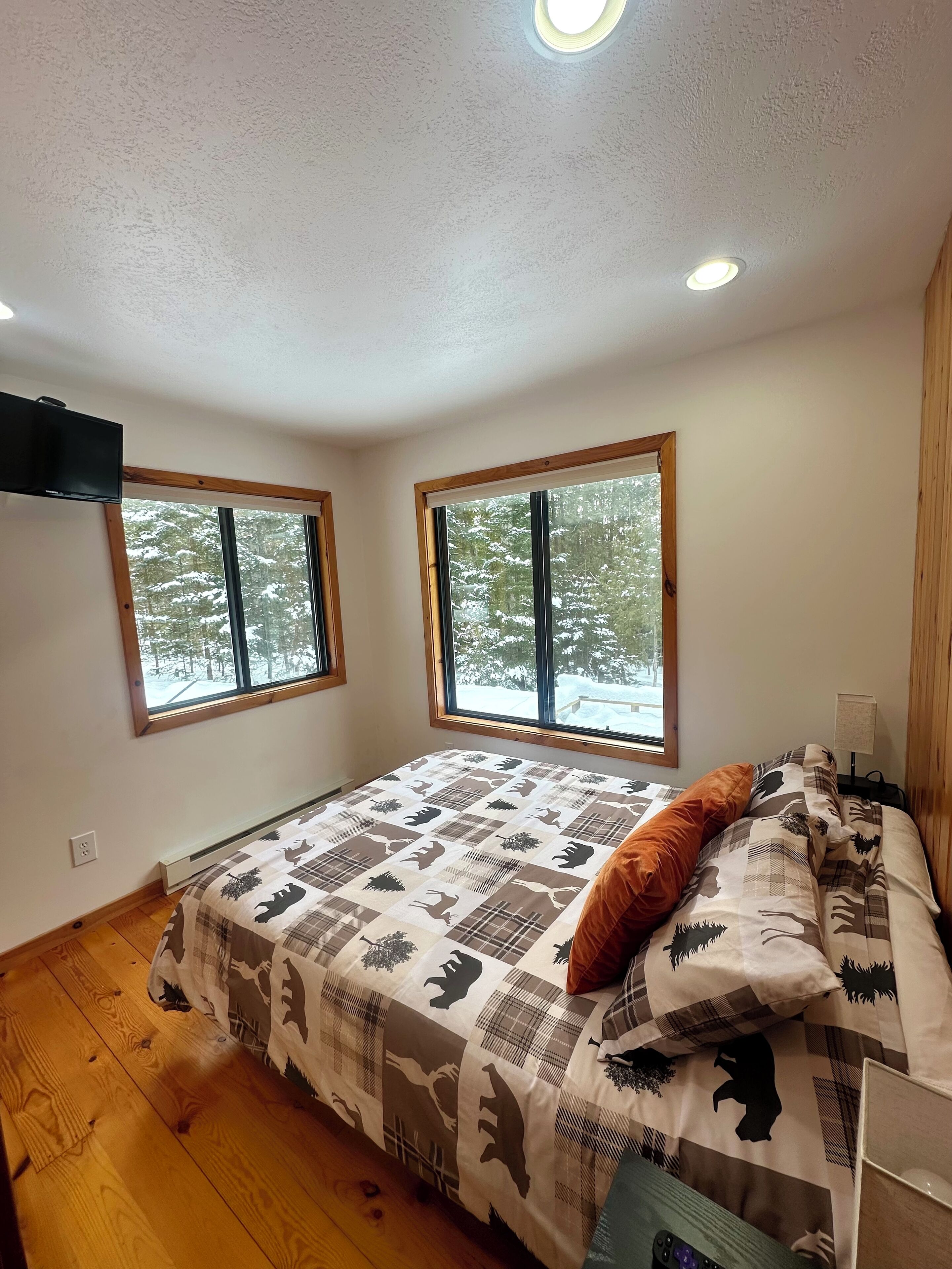 A bedroom with a large bed, two windows, and a ceiling light.